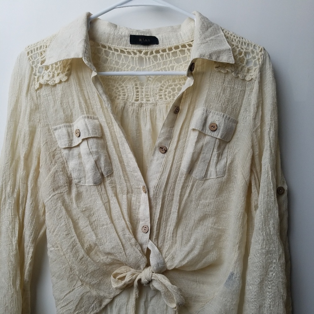 Mine cream button down tie front sheer blouse